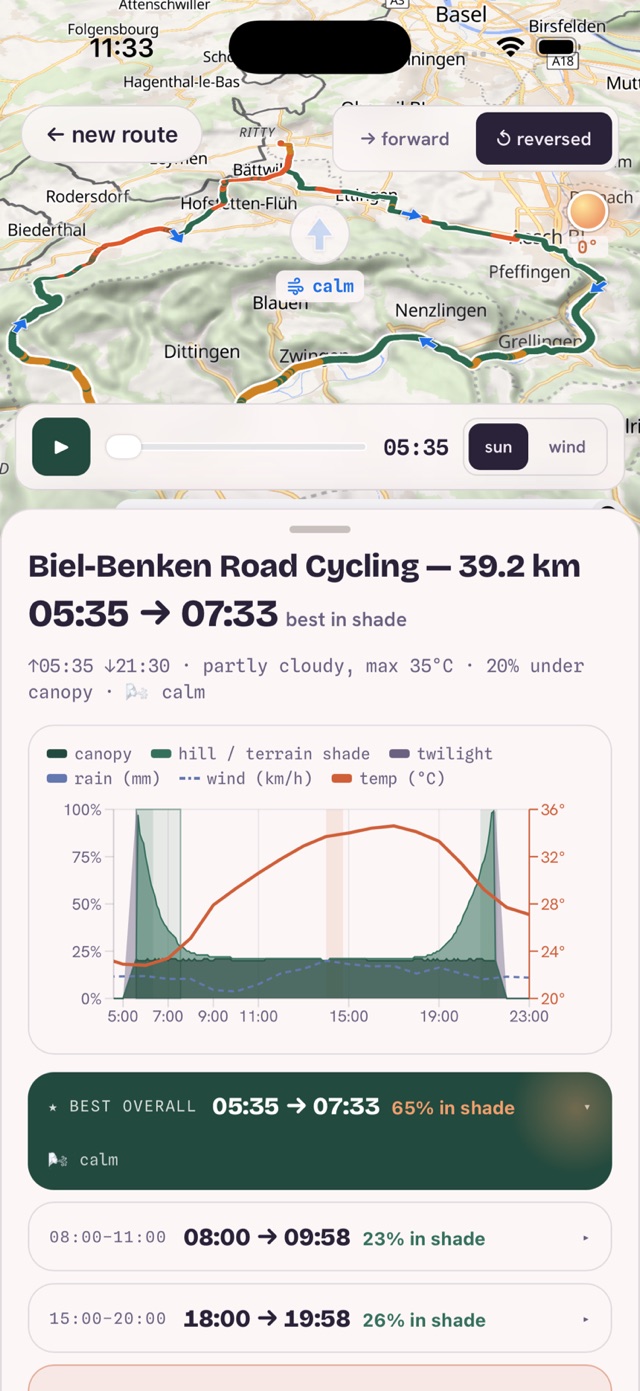 loop4d showing a 39 km road cycling route with its best-in-shade window, 05:35 to 07:33, and a full-day shade and temperature chart