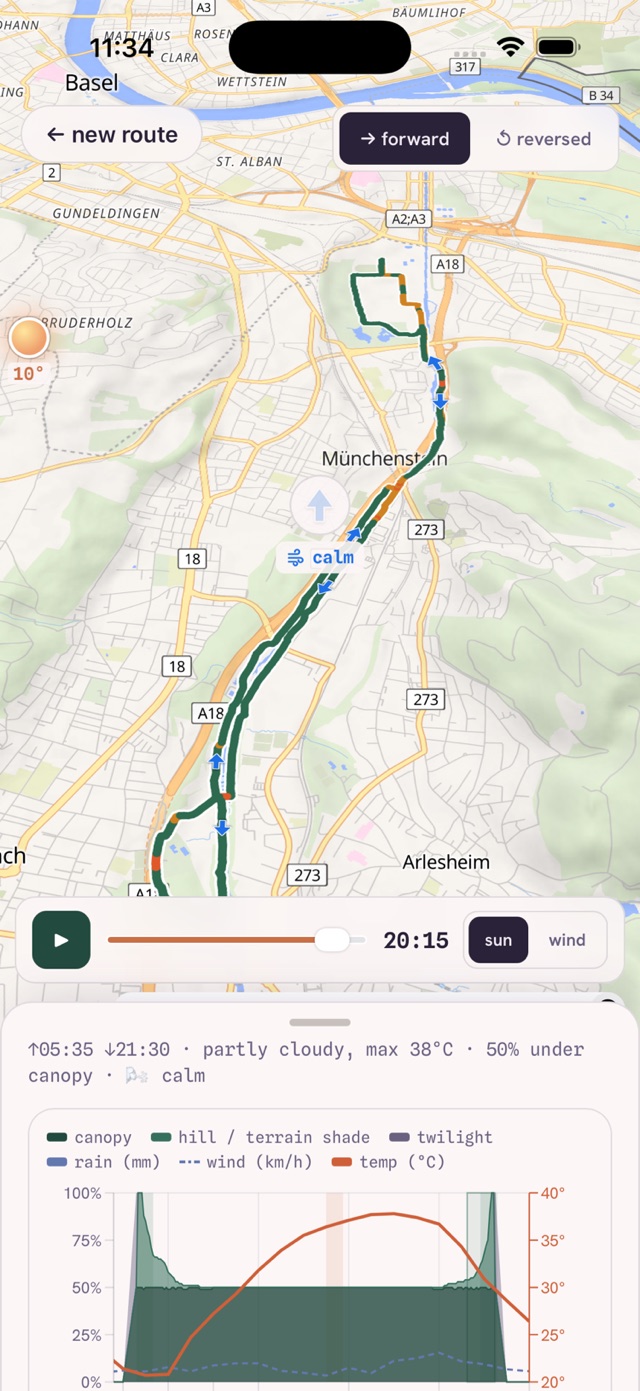 Map view with the route coloured by shade and sun at 20:15, with a replay slider