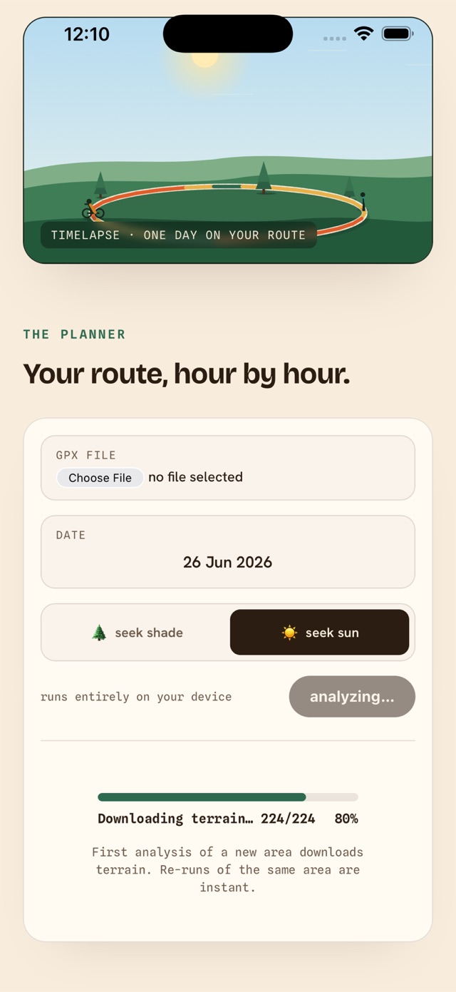 loop4d planner: choose a GPX file, pick a date, seek shade or seek sun