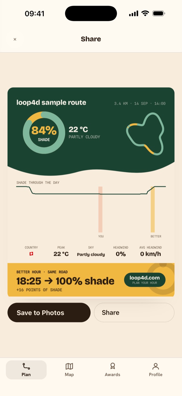 Share card for a route: 84% shade, a shade-through-the-day chart, country flag, and a better hour at 18:25 with 100% shade